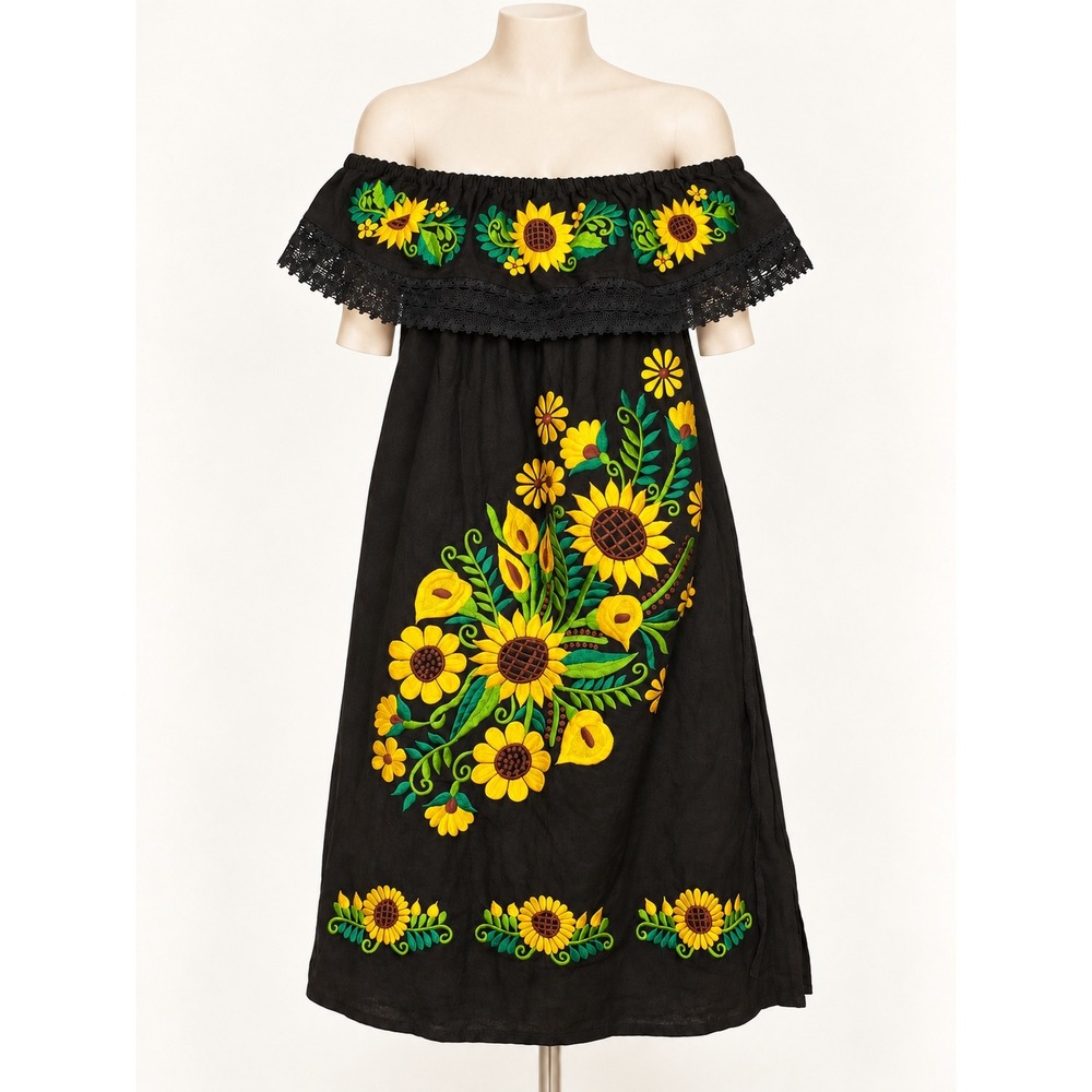 Mexican Embroidered Sunflower Off Shoulder Dress Black Lace Boho Festival